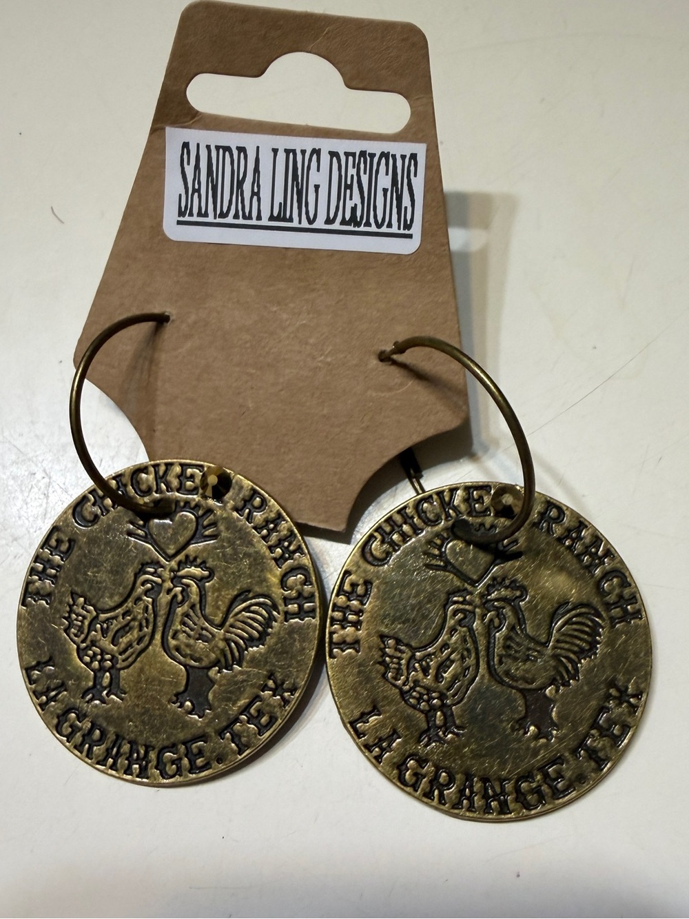 New! Sandra Ling Designs Antique Gold finish Chicken Ranch Medallion Earrings